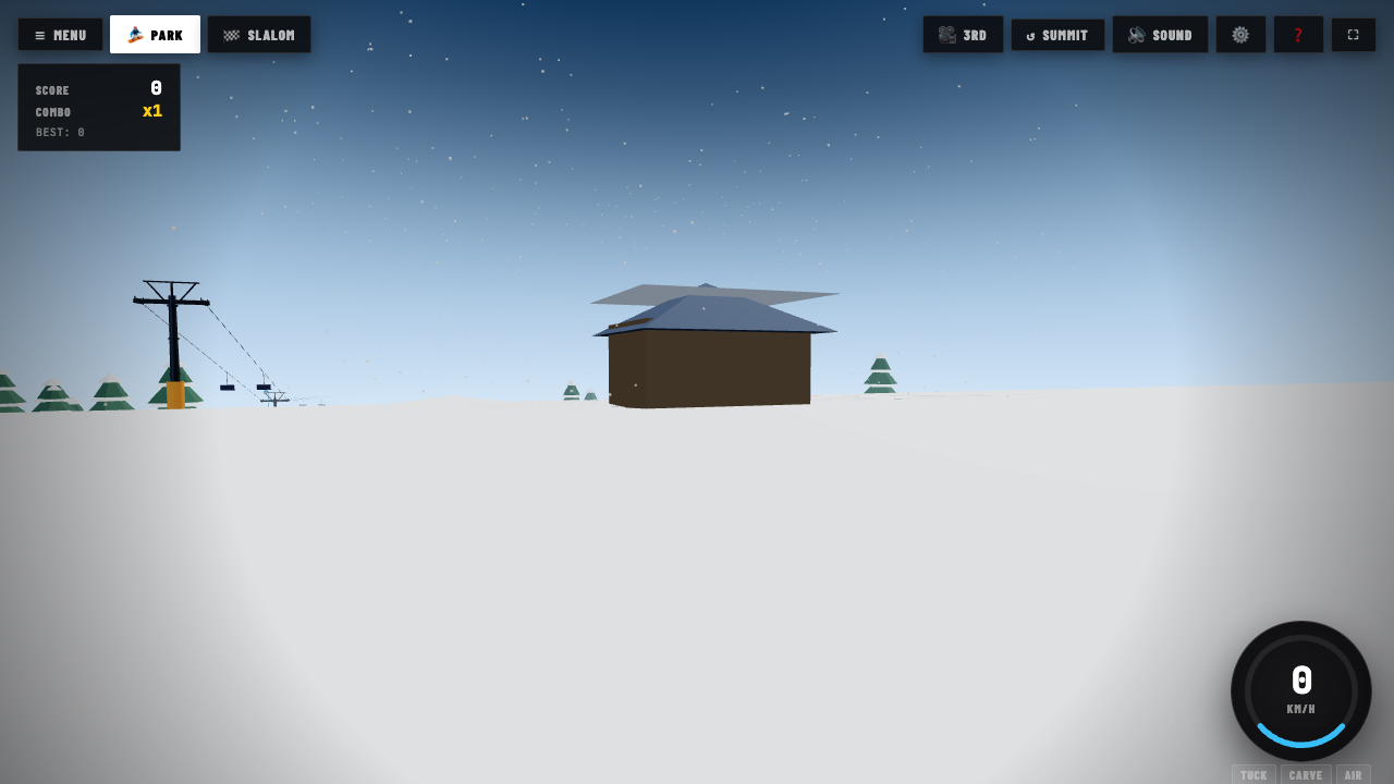 Slopeline 3D alpine skiing gameplay preview showing mountain terrain, kickers, and rails